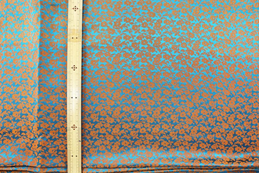 Brocade fabric apricot flowers bronze and teal blue