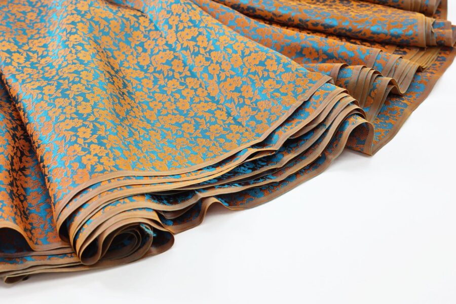 Brocade fabric apricot flowers bronze and teal blue