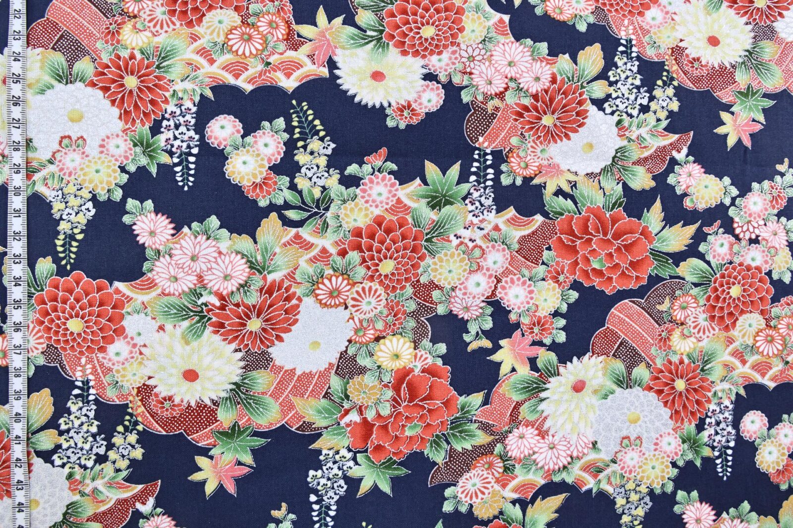 Silver flowers Japanese fabric on blue background