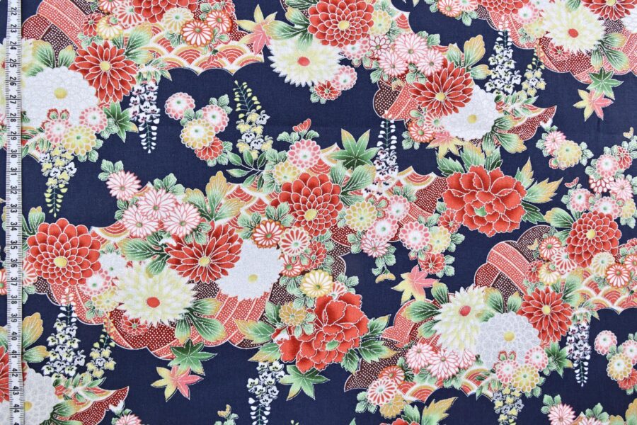 Silver flowers Japanese fabric on blue background