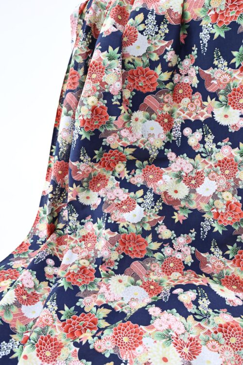 Silver flowers Japanese fabric on blue background