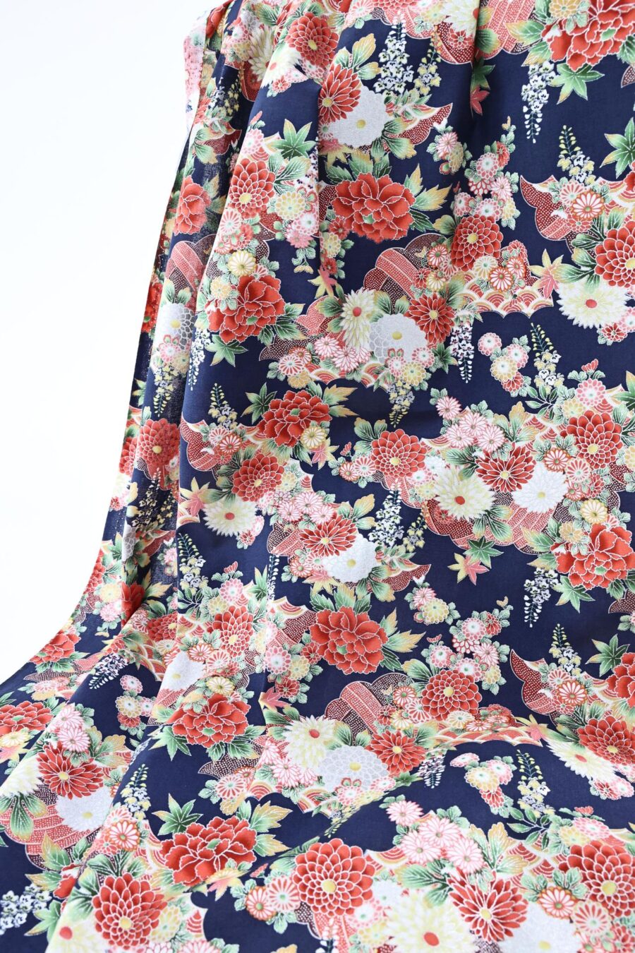 Silver flowers Japanese fabric on blue background