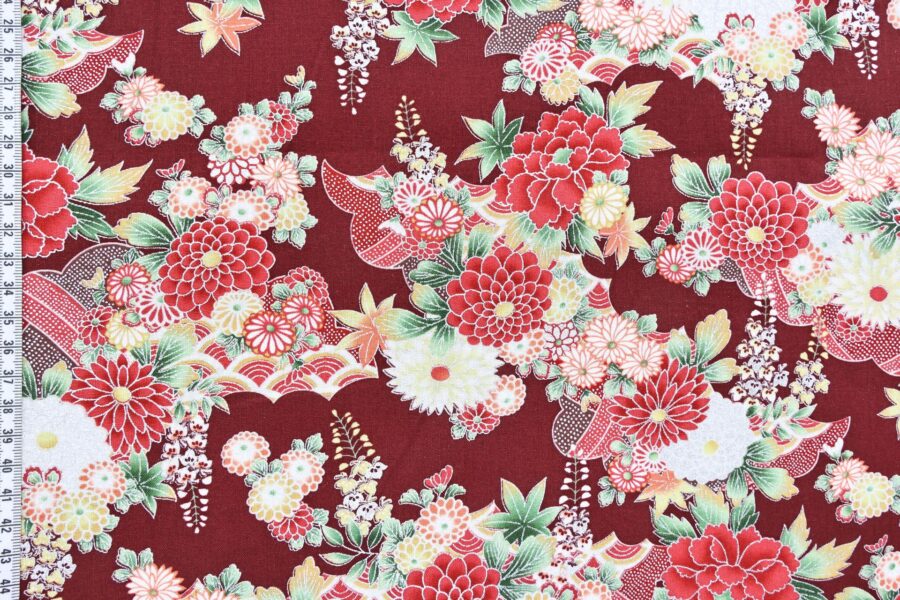 Silver flowers Japanese fabric on red background