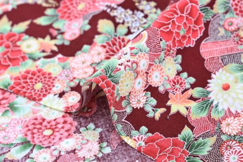 Silver flowers Japanese fabric on red background