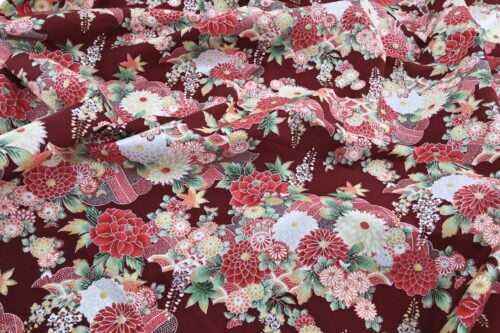 Silver flowers Japanese fabric on red background