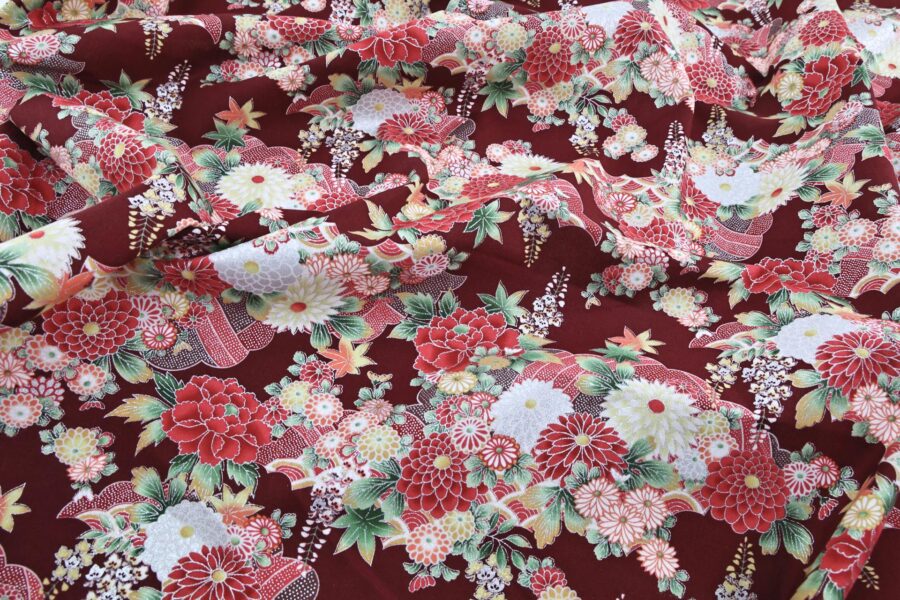 Silver flowers Japanese fabric on red background