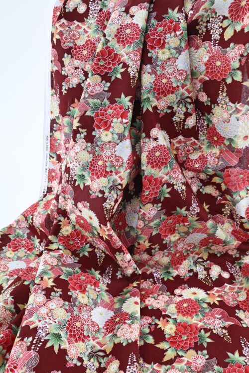 Silver flowers Japanese fabric on red background