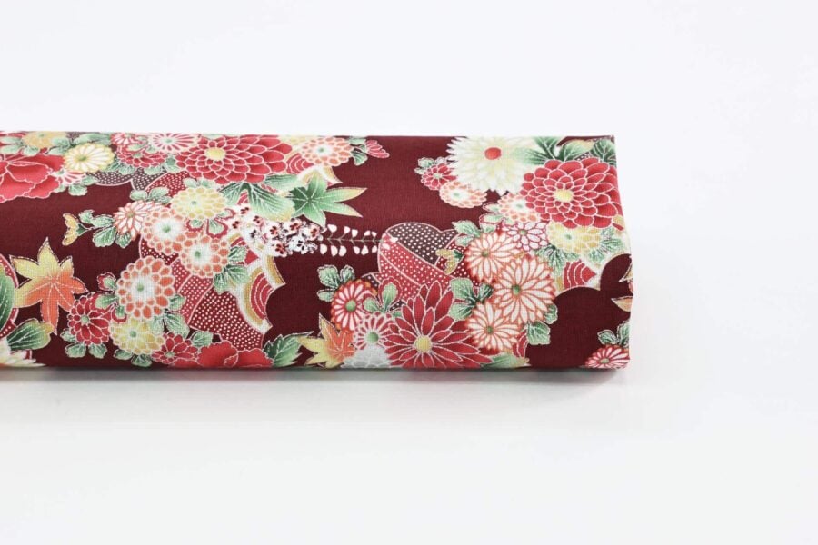 Silver flowers Japanese fabric on red background