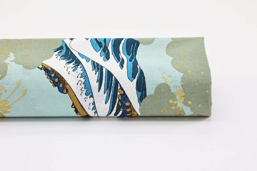 Japanese fabric Ukiyoe Kanagawa wave green background