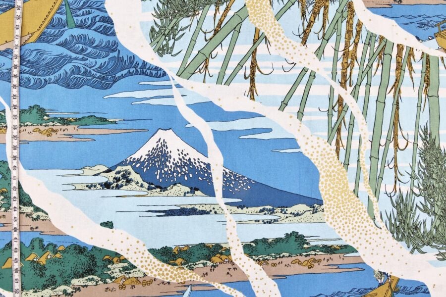 Japanese fabric Ukiyoe Mount Fuji bamboo blue background
