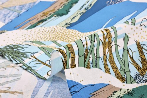 Japanese fabric Ukiyoe Mount Fuji bamboo blue background