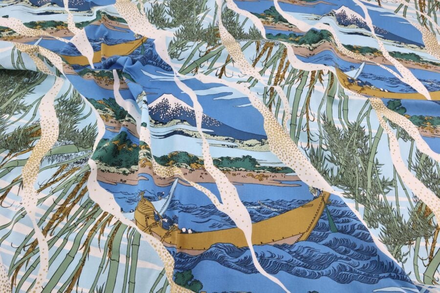 Japanese fabric Ukiyoe Mount Fuji bamboo blue background