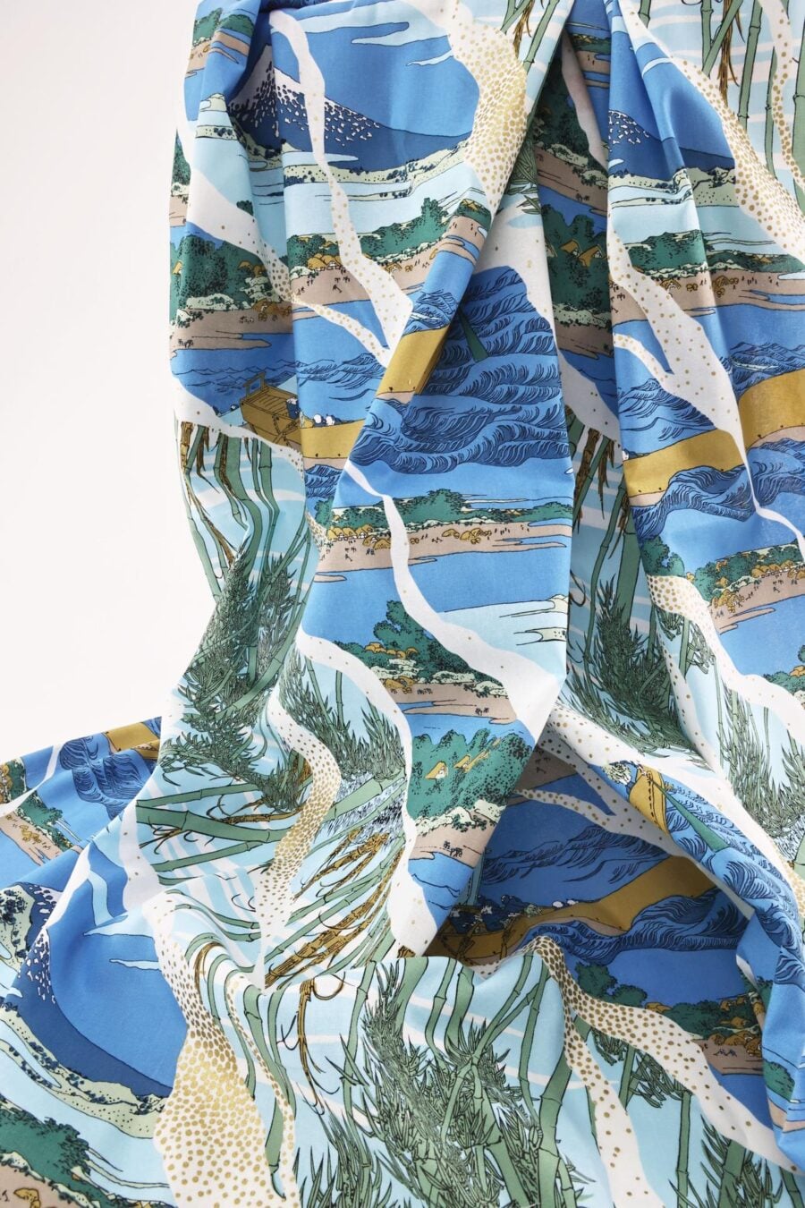 Japanese fabric Ukiyoe Mount Fuji bamboo blue background