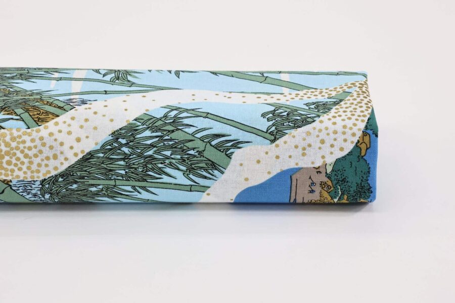 Japanese fabric Ukiyoe Mount Fuji bamboo blue background