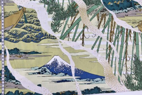 Japanese fabric Ukiyoe Mount Fuji bamboo yellow background