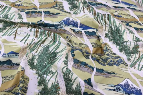 Japanese fabric Ukiyoe Mount Fuji bamboo yellow background