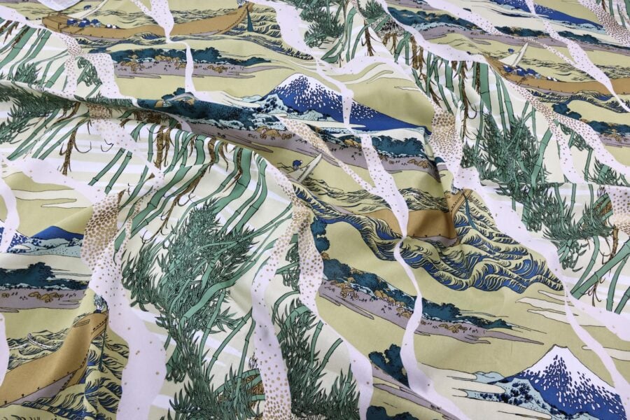 Japanese fabric Ukiyoe Mount Fuji bamboo yellow background