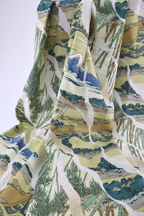 Japanese fabric Ukiyoe Mount Fuji bamboo yellow background