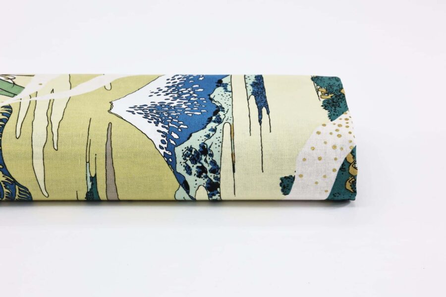 Japanese fabric Ukiyoe Mount Fuji bamboo yellow background