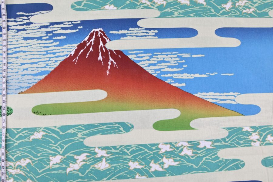 Japanese fabric Ukiyoe Mount Fuji poetic blue sea