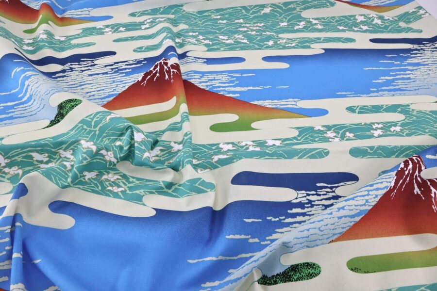 Japanese fabric Ukiyoe Mount Fuji poetic blue sea