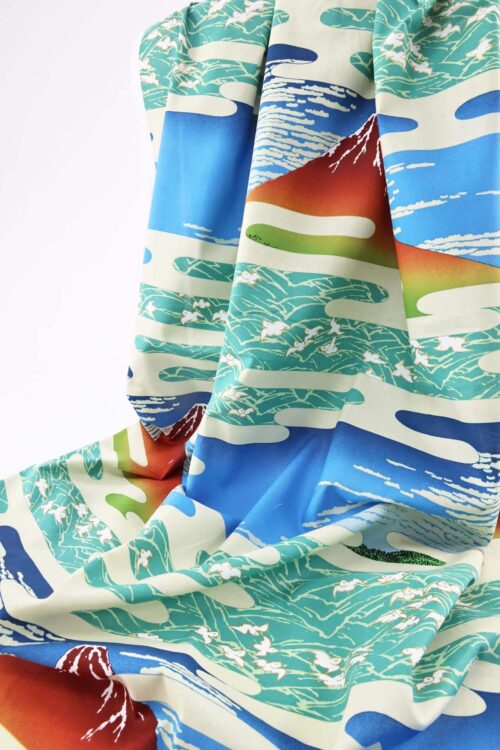 Japanese fabric Ukiyoe Mount Fuji poetic blue sea