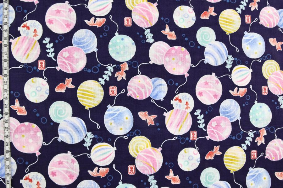 Japanese fabric goldfish and balloons on navy blue