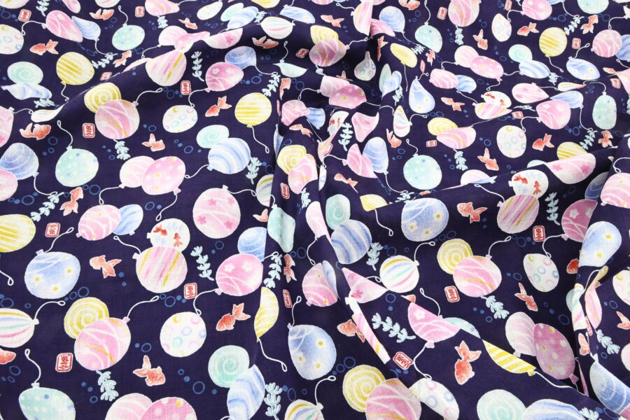 Japanese fabric goldfish and balloons on navy blue