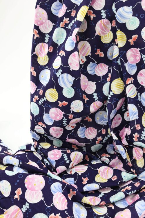 Japanese fabric goldfish and balloons on navy blue