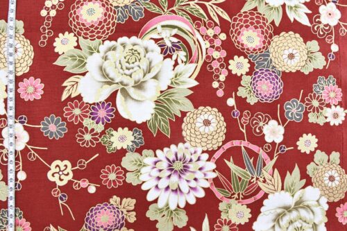 Golden flowers Japanese fabric on red background