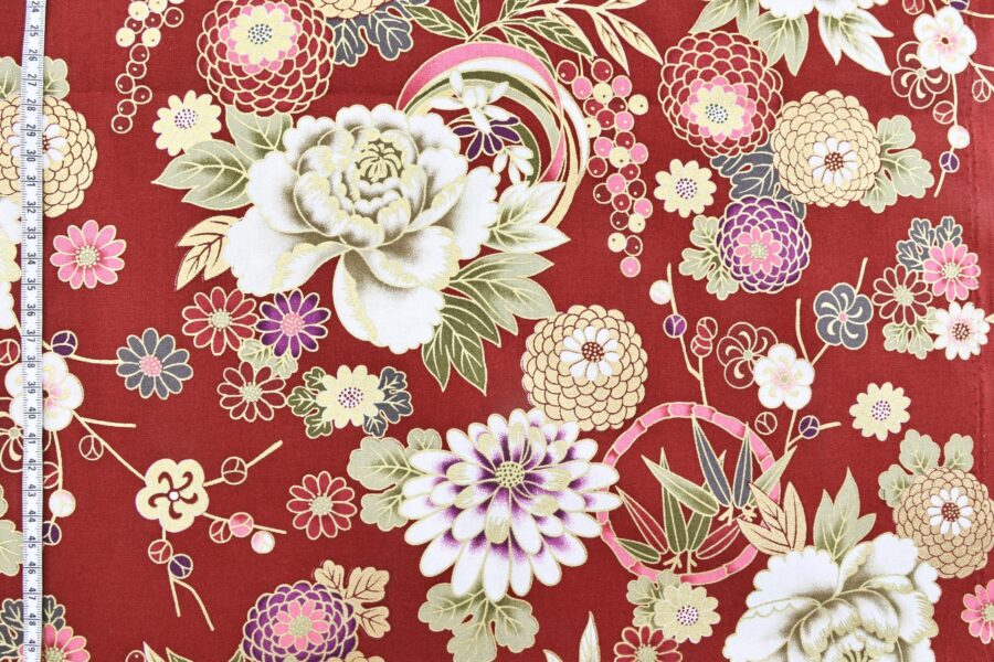 Golden flowers Japanese fabric on red background