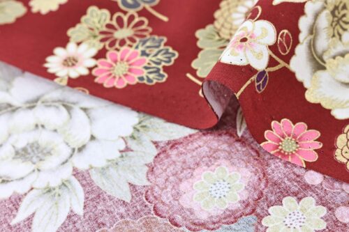Golden flowers Japanese fabric on red background