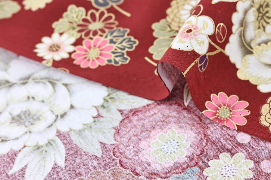 Golden flowers Japanese fabric on red background