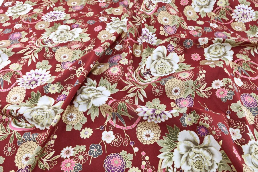 Golden flowers Japanese fabric on red background