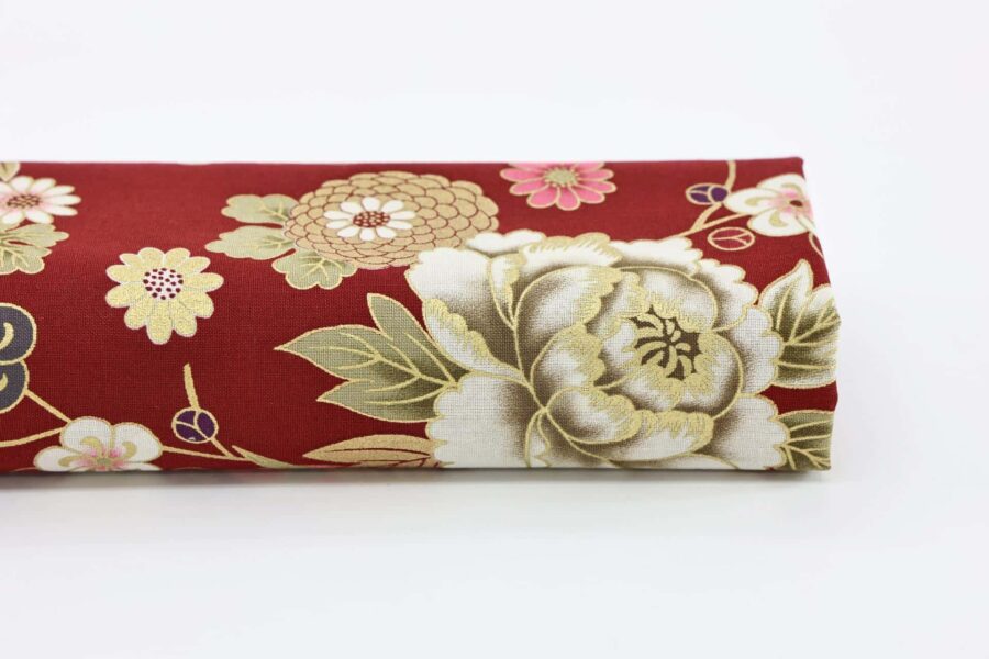 Golden flowers Japanese fabric on red background