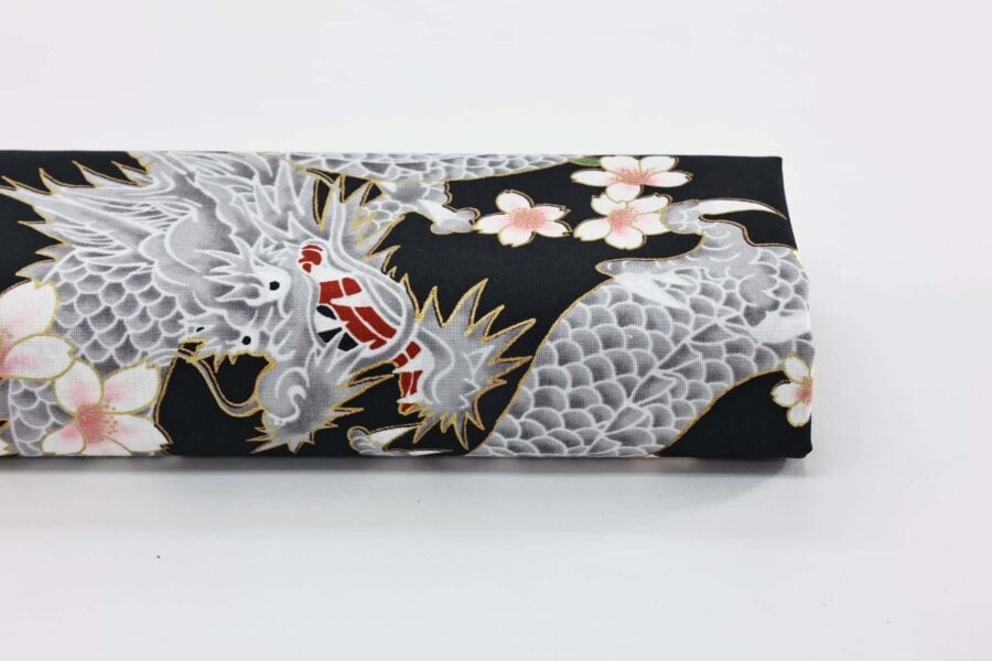 Japanese fabric Dragon and Sakura black background