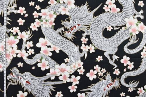 Japanese fabric Dragon and Sakura black background