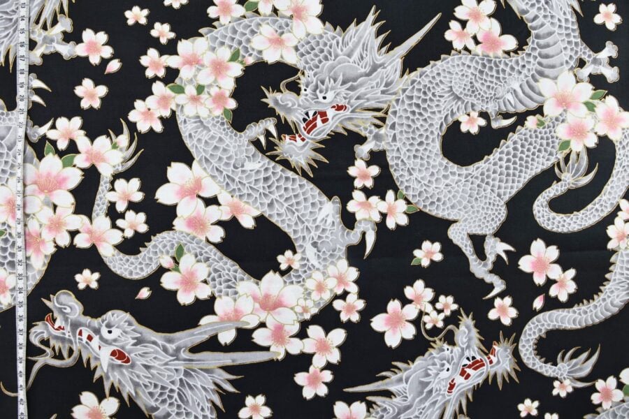 Japanese fabric Dragon and Sakura black background