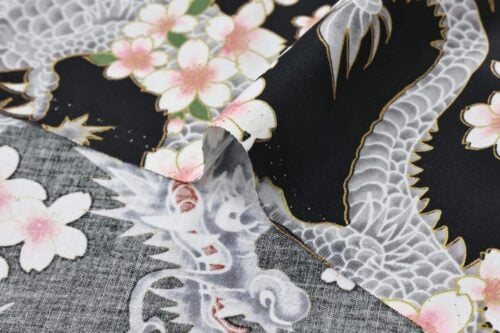 Japanese fabric Dragon and Sakura black background