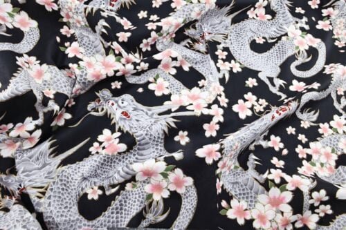 Japanese fabric Dragon and Sakura black background