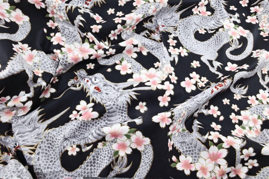 Japanese fabric Dragon and Sakura black background