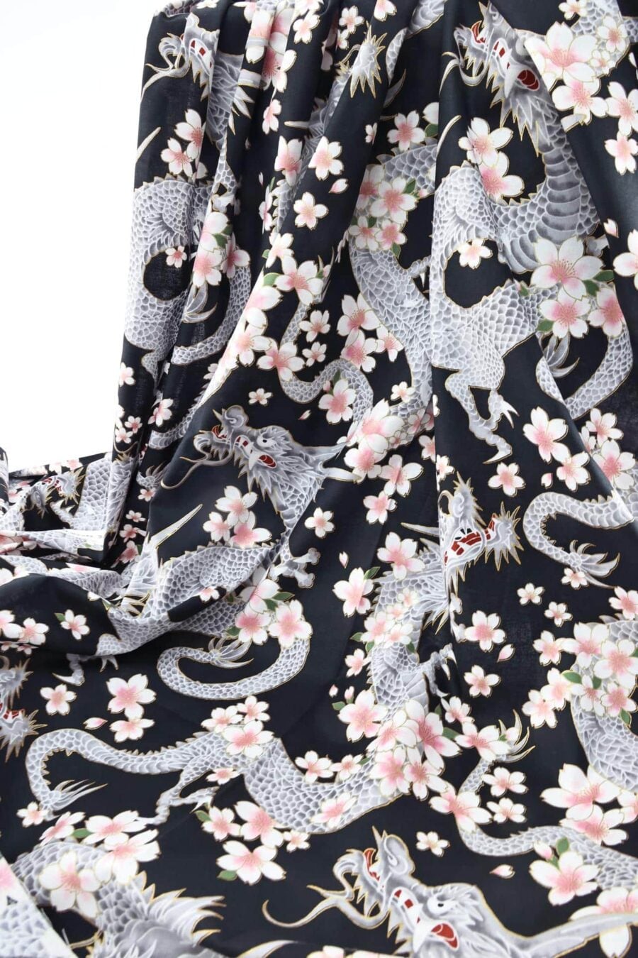 Japanese fabric Dragon and Sakura black background
