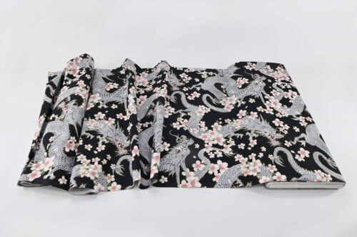 Japanese fabric Dragon and Sakura black background