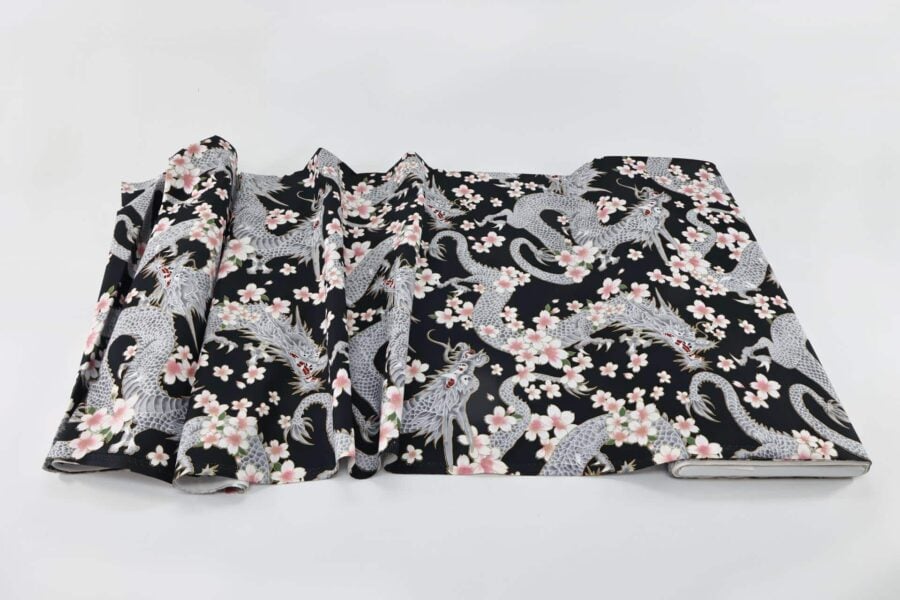 Japanese fabric Dragon and Sakura black background