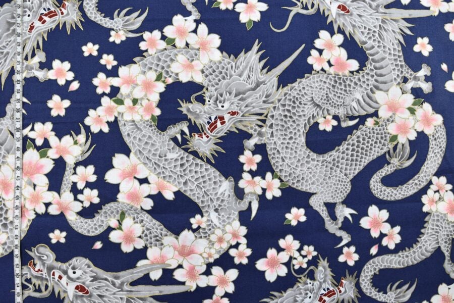 Japanese fabric Dragon and Sakura blue background