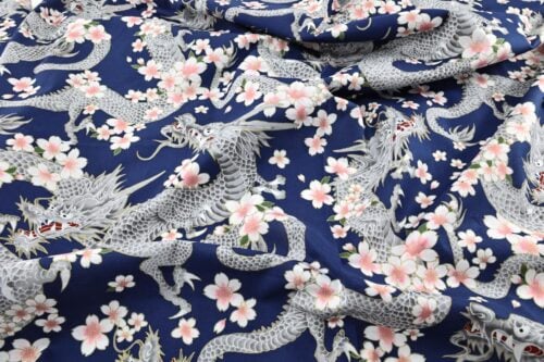Japanese fabric Dragon and Sakura blue background