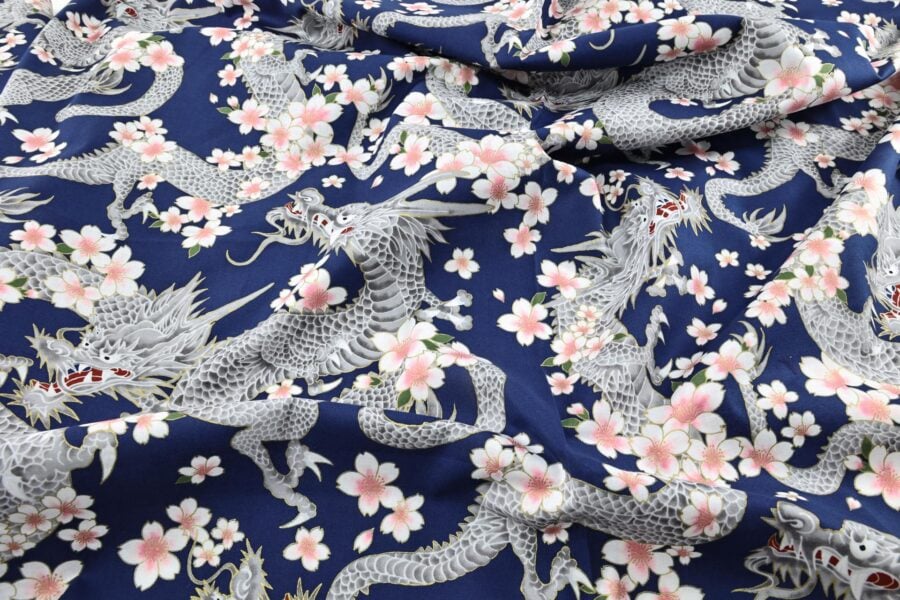 Japanese fabric Dragon and Sakura blue background
