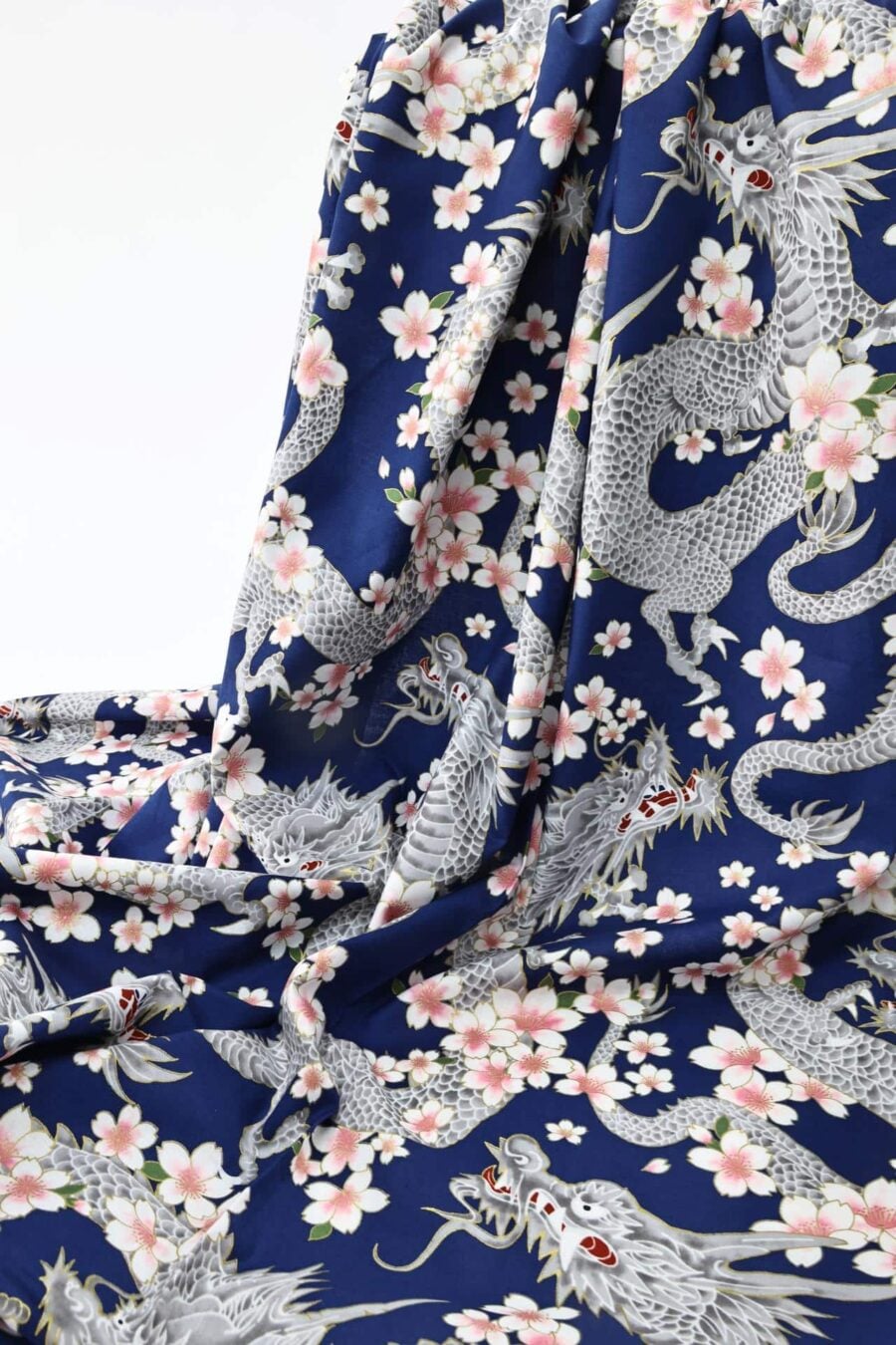 Japanese fabric Dragon and Sakura blue background