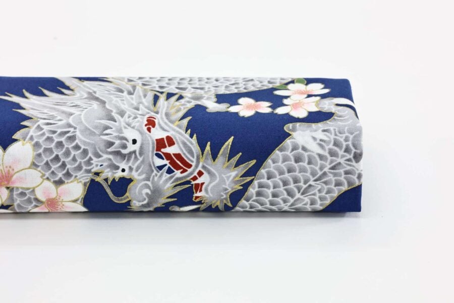 Japanese fabric Dragon and Sakura blue background