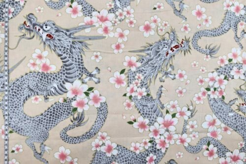 Japanese fabric Dragon and Sakura cream background